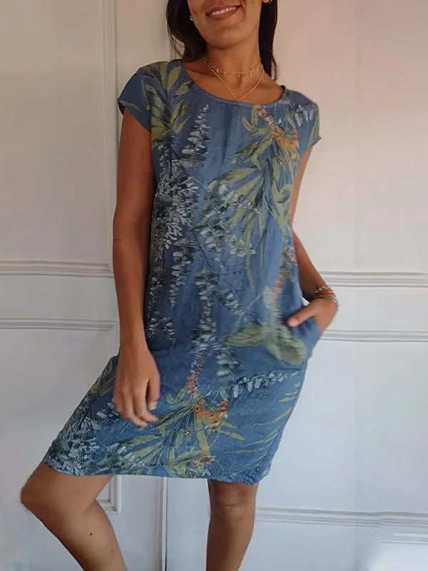 Brigitte - Printed Cotton and Linen Dress with Round Neck