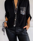 Casual Cotton Top with V-Neck and Sequin Sleeves