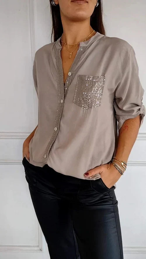 Casual Cotton Top with V-Neck and Sequin Sleeves