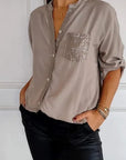 Casual Cotton Top with V-Neck and Sequin Sleeves