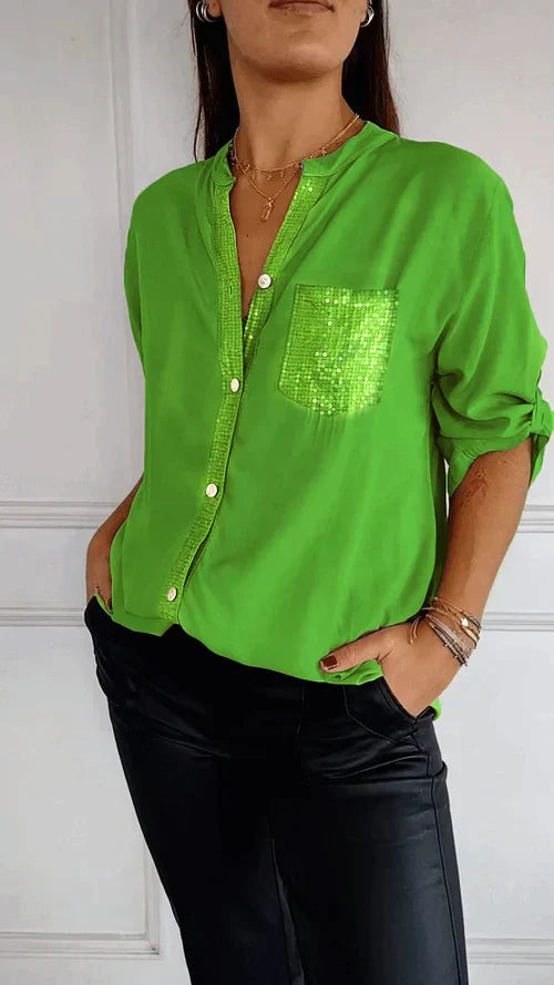 Casual Cotton Top with V-Neck and Sequin Sleeves