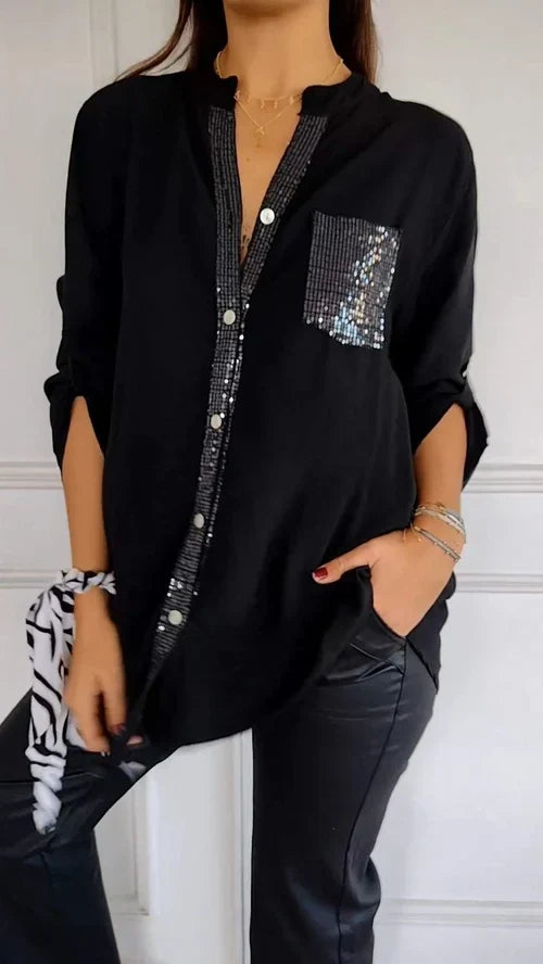 Casual Cotton Top with V-Neck and Sequin Sleeves