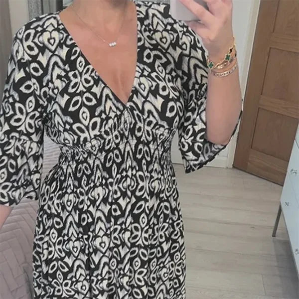 Casual Printed Long Dress with V-Neck and Waist