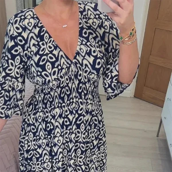 Casual Printed Long Dress with V-Neck and Waist