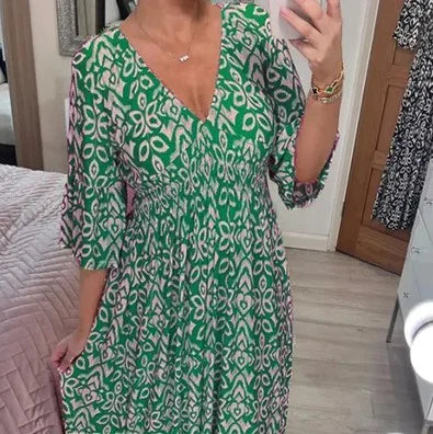 Casual Printed Long Dress with V-Neck and Waist