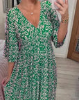Casual Printed Long Dress with V-Neck and Waist