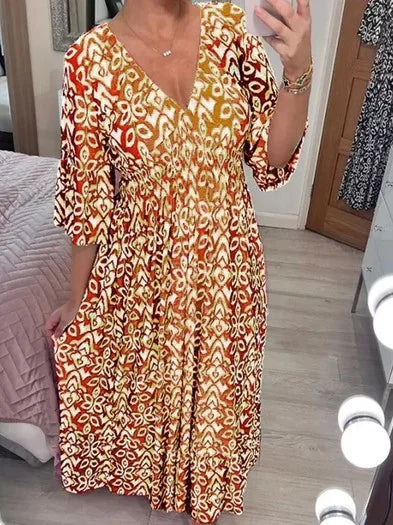 Casual Printed Long Dress with V-Neck and Waist