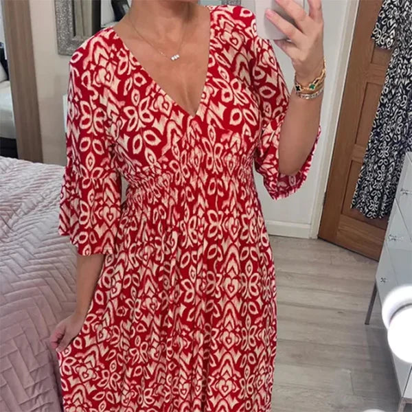 Casual Printed Long Dress with V-Neck and Waist