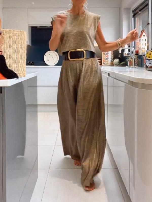 Casual Shiny Ladies' Jacket and Wide Trouser Set - Amy