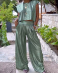 Casual Shiny Ladies' Jacket and Wide Trouser Set - Amy