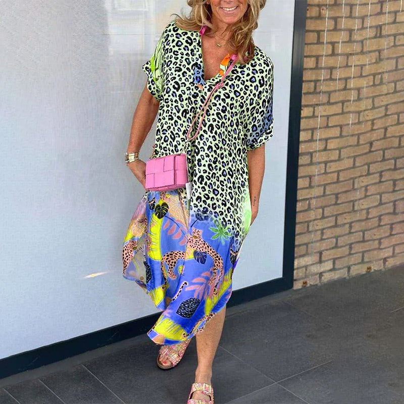 Casual Short-Sleeved Leopard Print Dress for Women