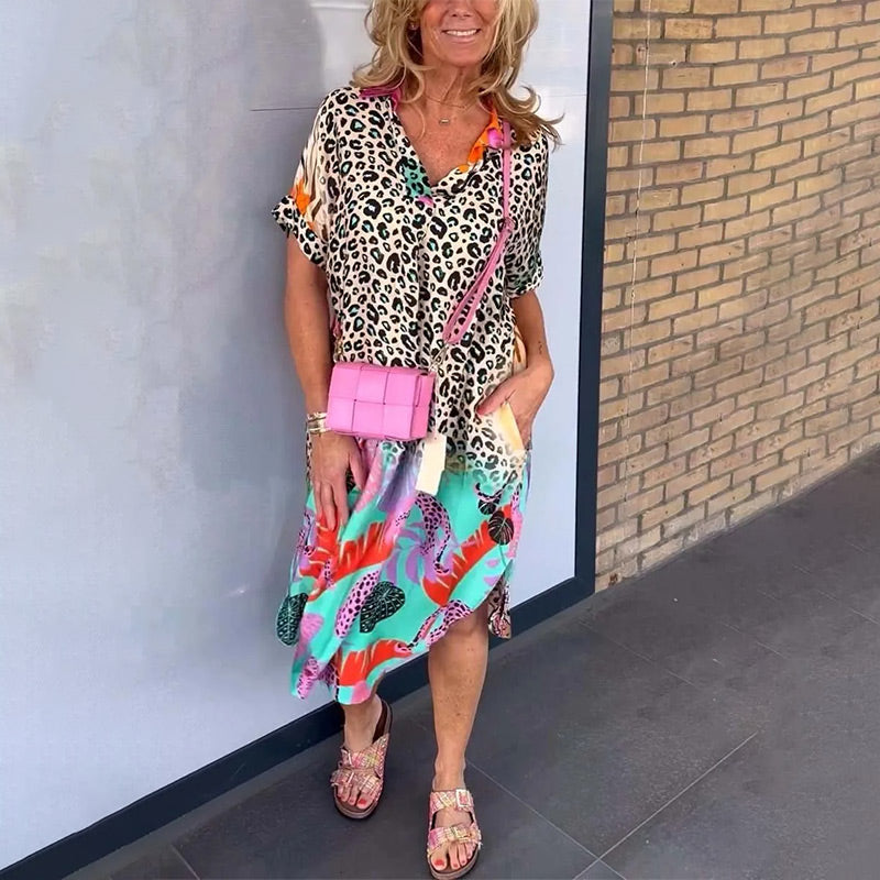 Casual Short-Sleeved Leopard Print Dress for Women