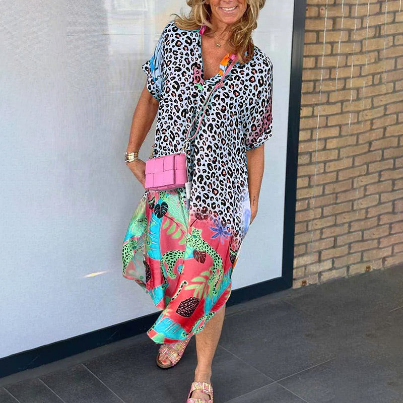 Casual Short-Sleeved Leopard Print Dress for Women
