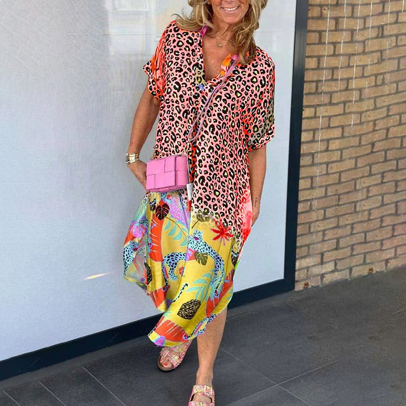 Casual Short-Sleeved Leopard Print Dress for Women