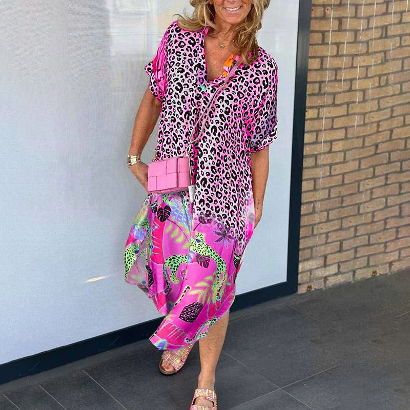 Casual Short-Sleeved Leopard Print Dress for Women