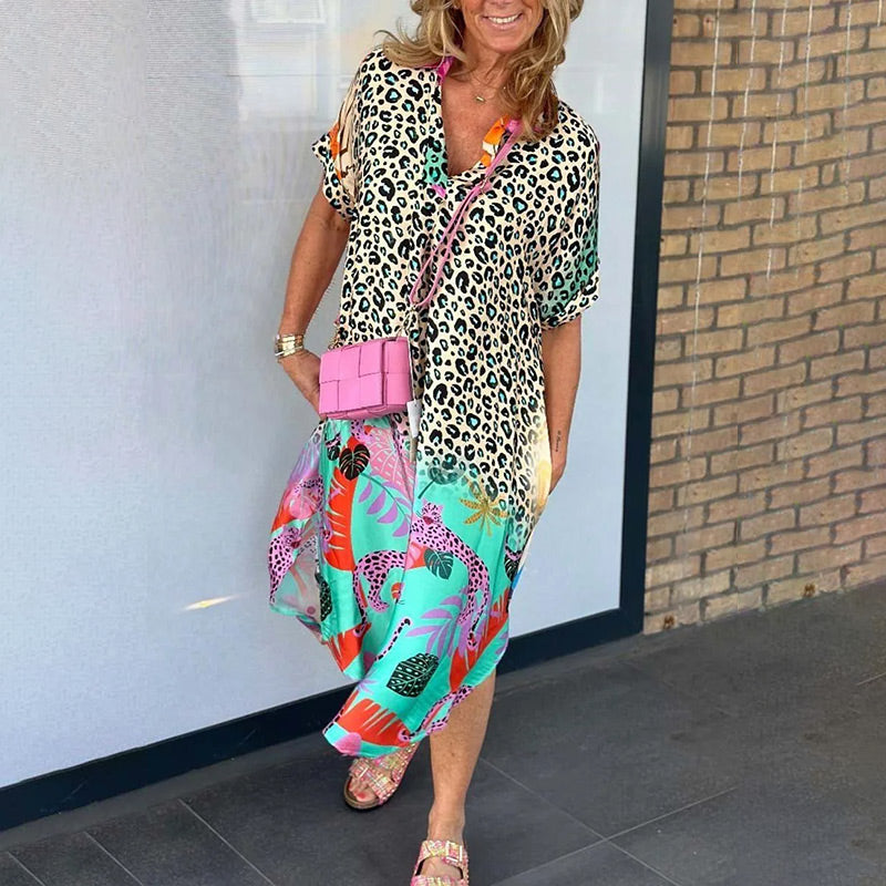 Casual Short-Sleeved Leopard Print Dress for Women