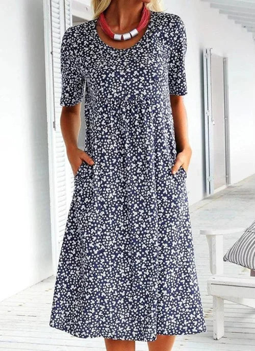 Vestido casual de algodón para mujer con cuello redondo y estampado floral (8 colores con bolsillos)