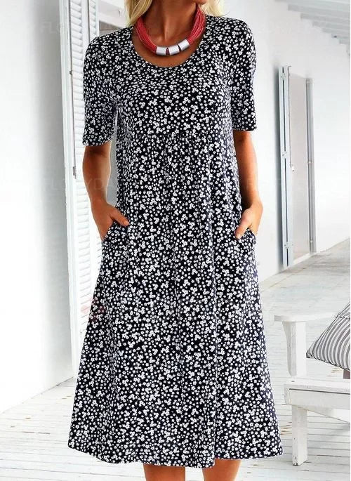 Vestido casual de algodón para mujer con cuello redondo y estampado floral (8 colores con bolsillos)