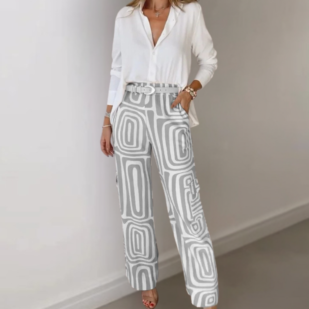 Clio – Stylish 2-Piece Women's Outfit with White Blouse and Geometric Trousers