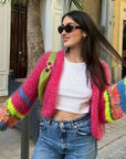 Colourful Knitted Short Cardigan with Puff Sleeves for Women - Aleta
