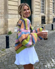 Colourful Knitted Short Cardigan with Puff Sleeves for Women - Aleta