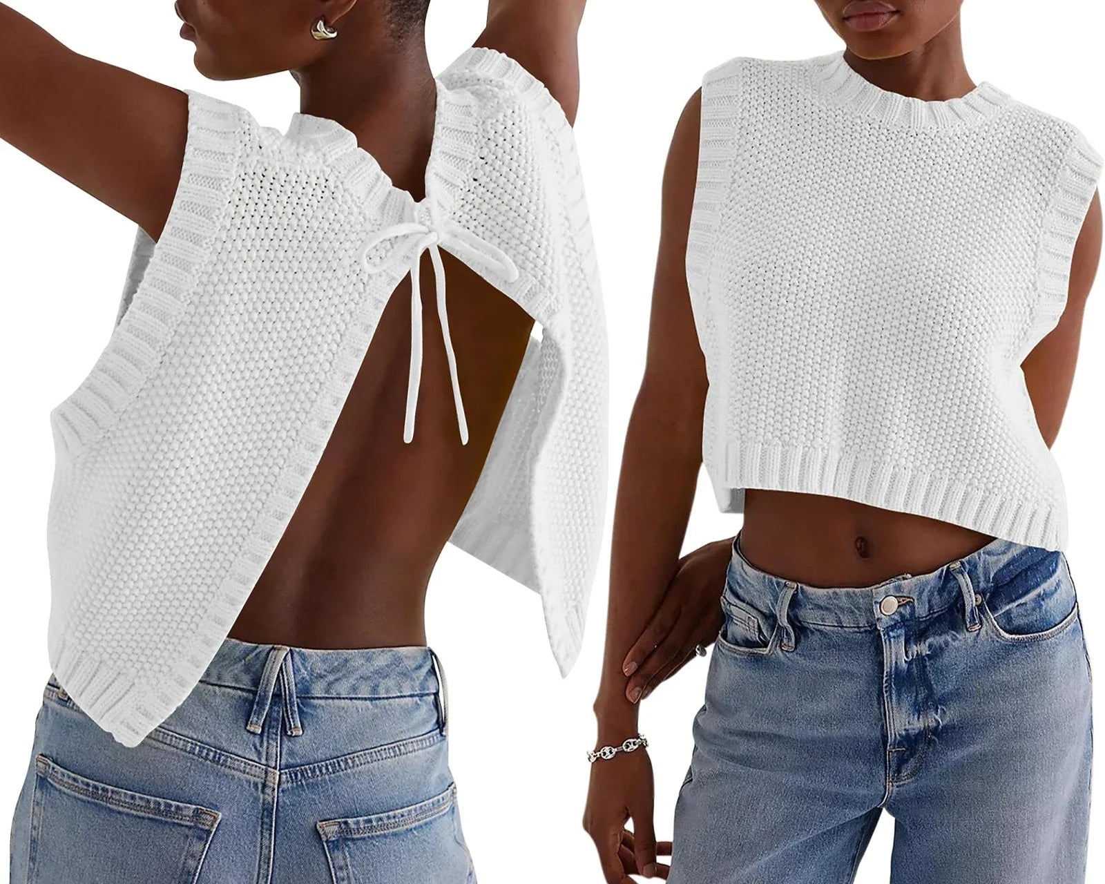 Combhasaki – Y2K Knitted Sleeveless Cardigan with Open Back and Bow Detail