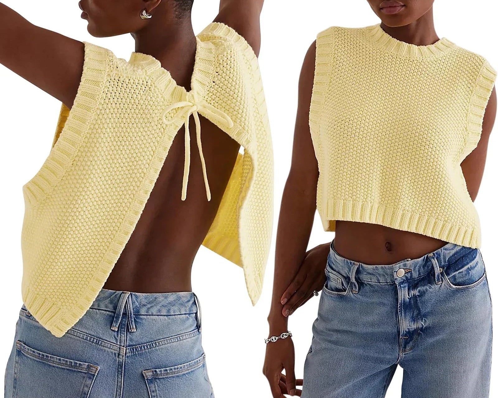 Combhasaki – Y2K Knitted Sleeveless Cardigan with Open Back and Bow Detail