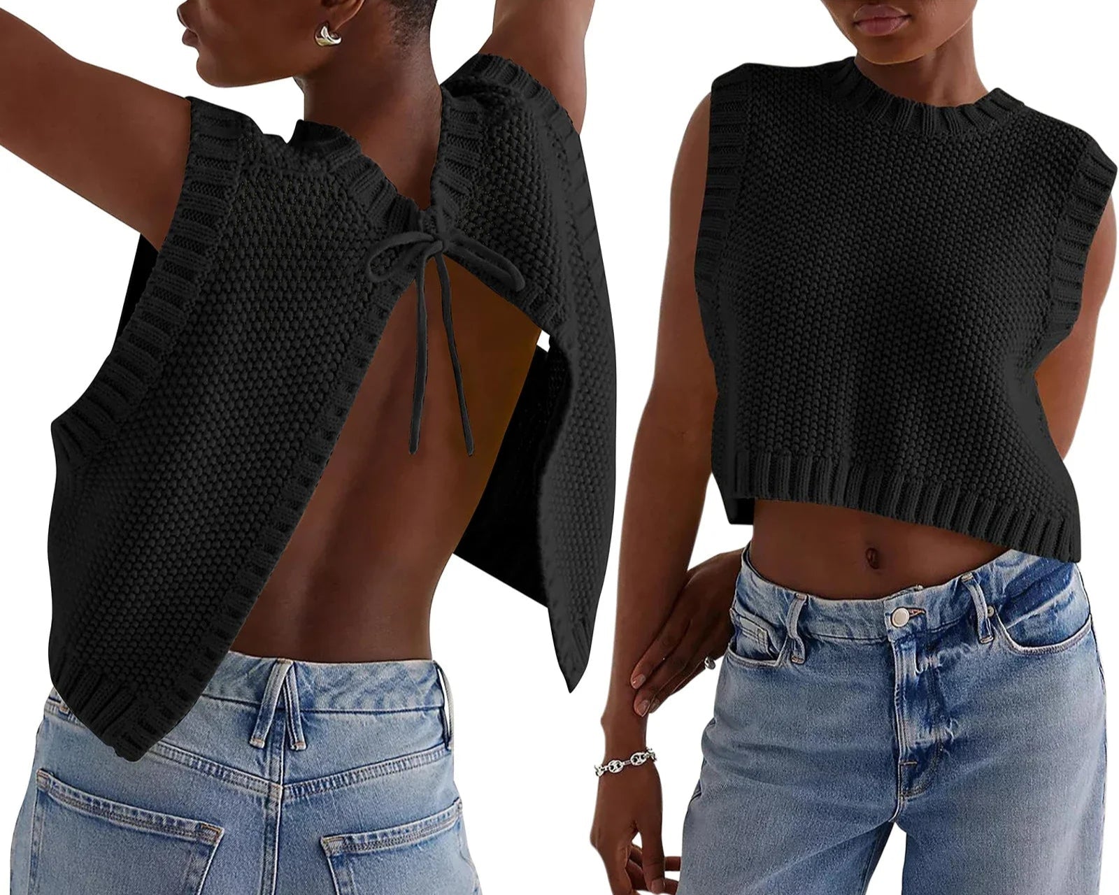 Combhasaki – Y2K Knitted Sleeveless Cardigan with Open Back and Bow Detail