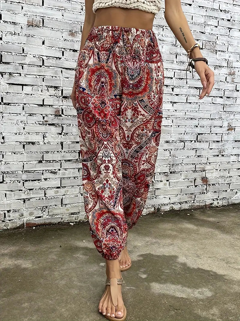 Crescentia - Boho Shirred Waist Long Trousers