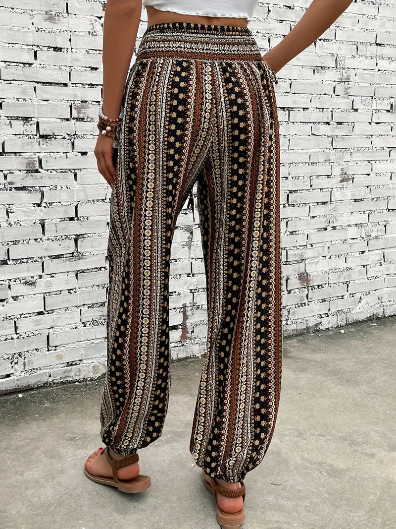 Crescentia - Boho Shirred Waist Long Trousers