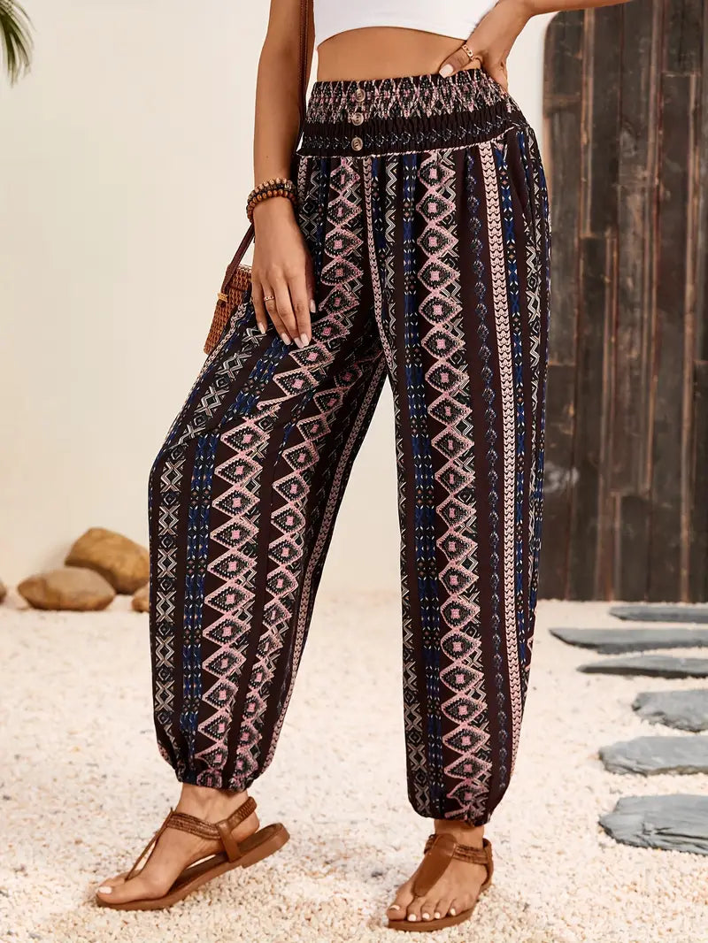 Crescentia - Boho Shirred Waist Long Trousers