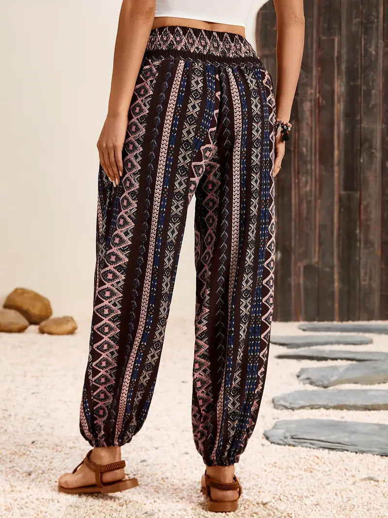 Crescentia - Boho Shirred Waist Long Trousers