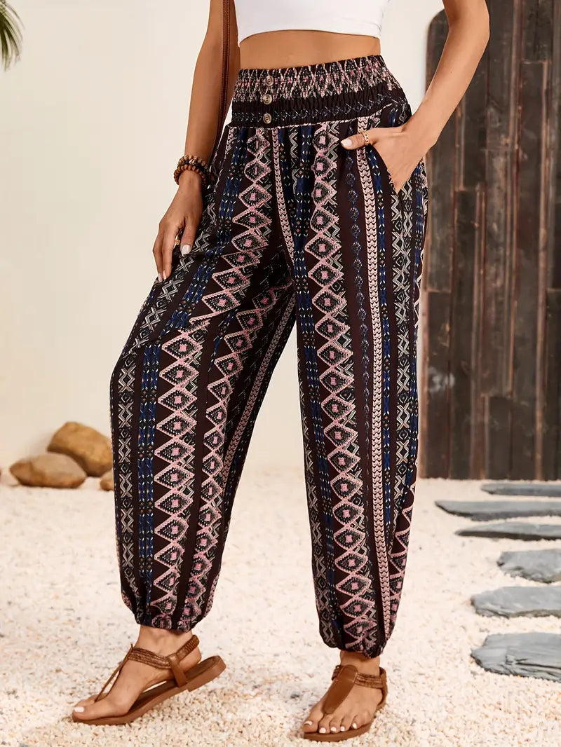 Crescentia - Boho Shirred Waist Long Trousers