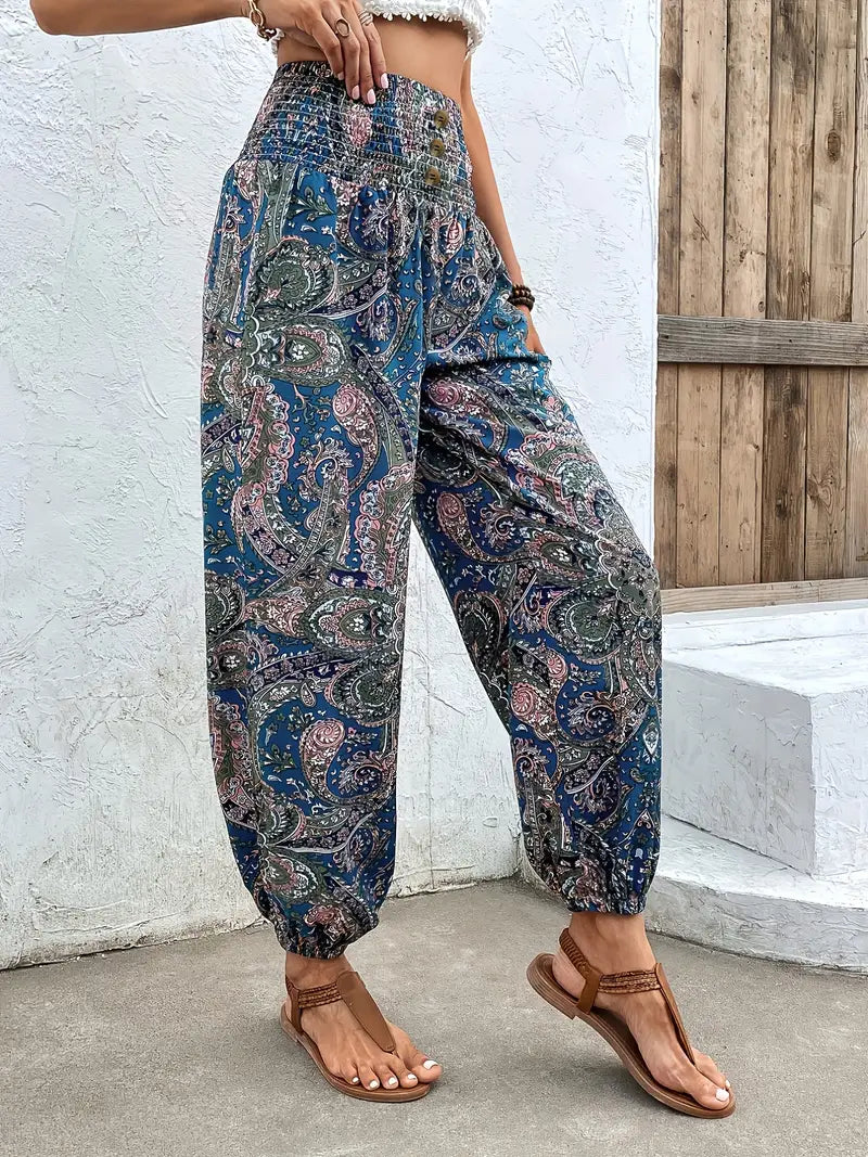 Crescentia - Boho Shirred Waist Long Trousers