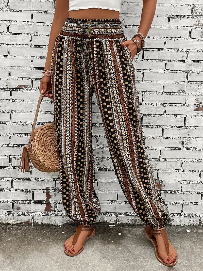 Crescentia - Boho Shirred Waist Long Trousers