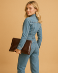 Denim Jumpsuit with Straight Legs and Long Sleeves