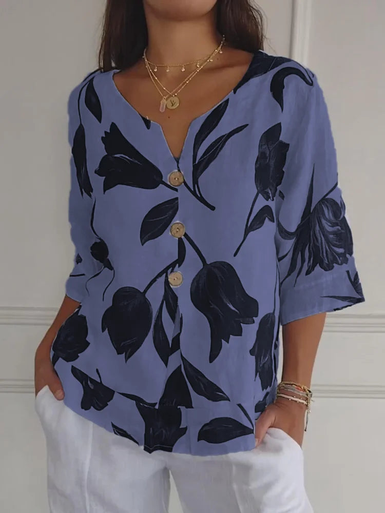 Denisa - Printed Tunic Top with V-Neck