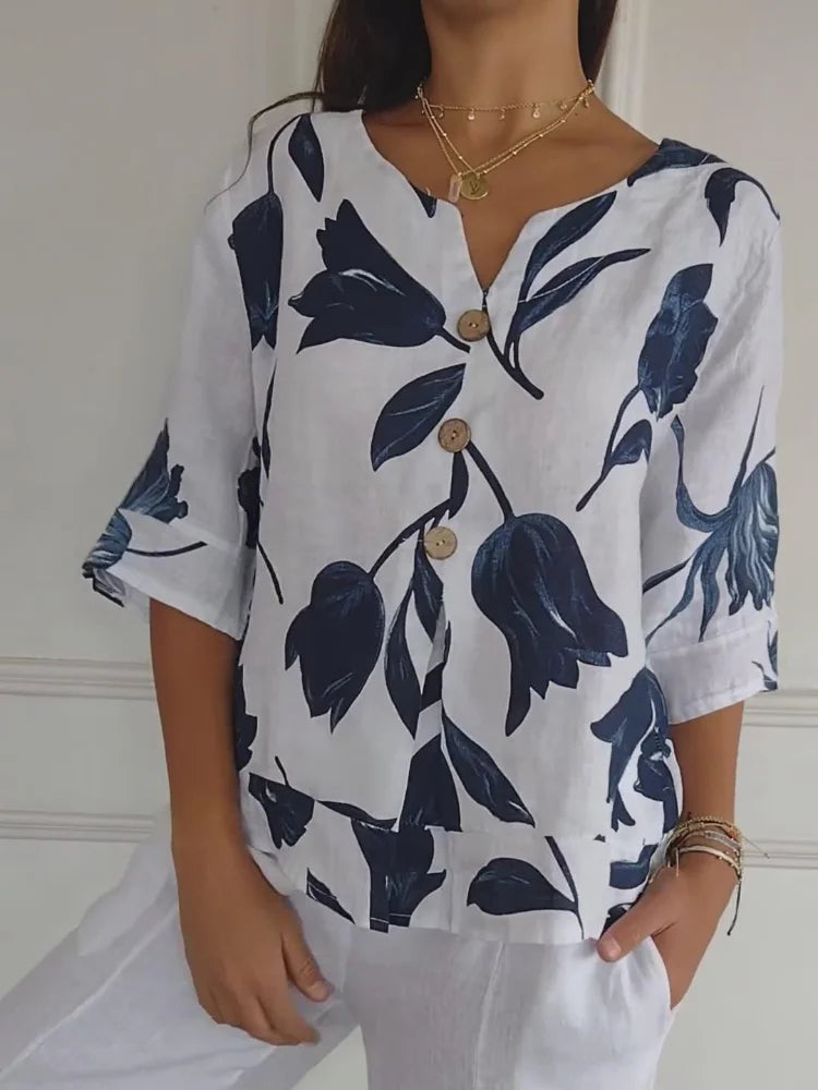 Denisa - Printed Tunic Top with V-Neck