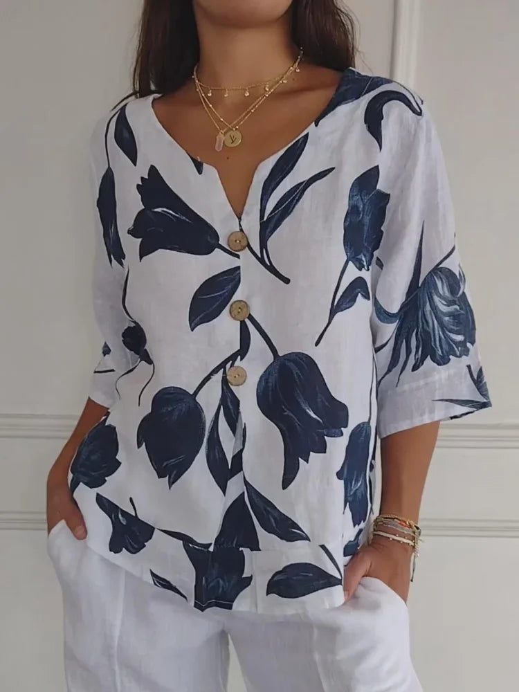 Denisa - Printed Tunic Top with V-Neck