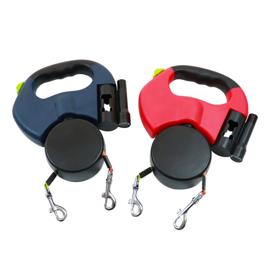 Laisse double rétractable pour chien | Avec lampe de poche et support pour sacs à déjections canines
