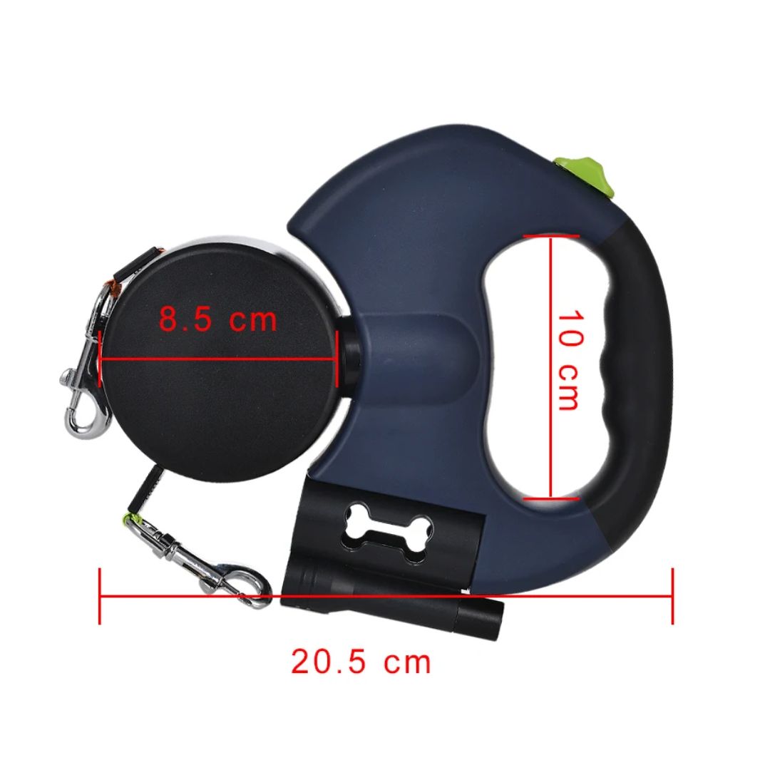 Laisse double rétractable pour chien | Avec lampe de poche et support pour sacs à déjections canines
