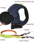 Laisse double rétractable pour chien | Avec lampe de poche et support pour sacs à déjections canines