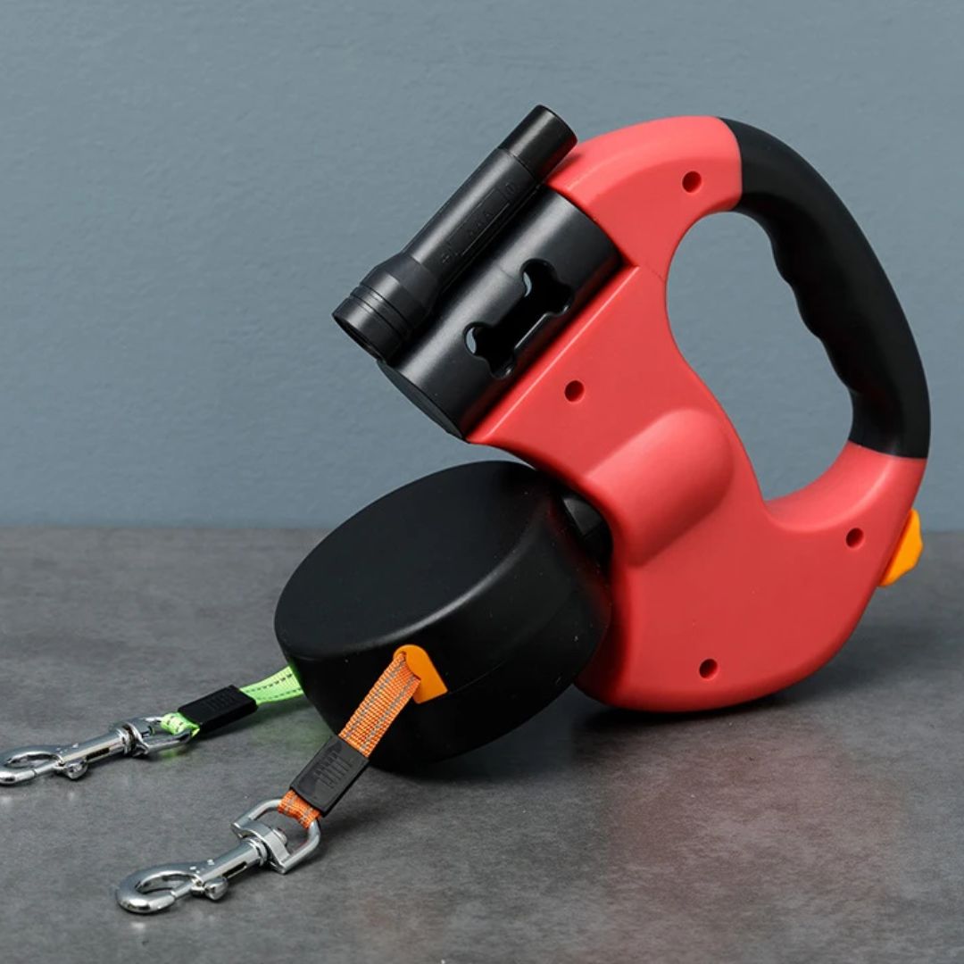 Laisse double rétractable pour chien | Avec lampe de poche et support pour sacs à déjections canines
