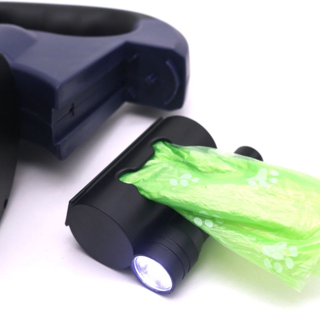Laisse double rétractable pour chien | Avec lampe de poche et support pour sacs à déjections canines
