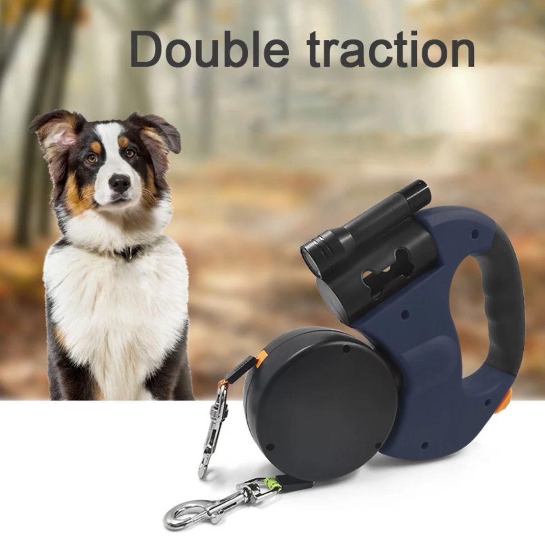 Laisse double rétractable pour chien | Avec lampe de poche et support pour sacs à déjections canines