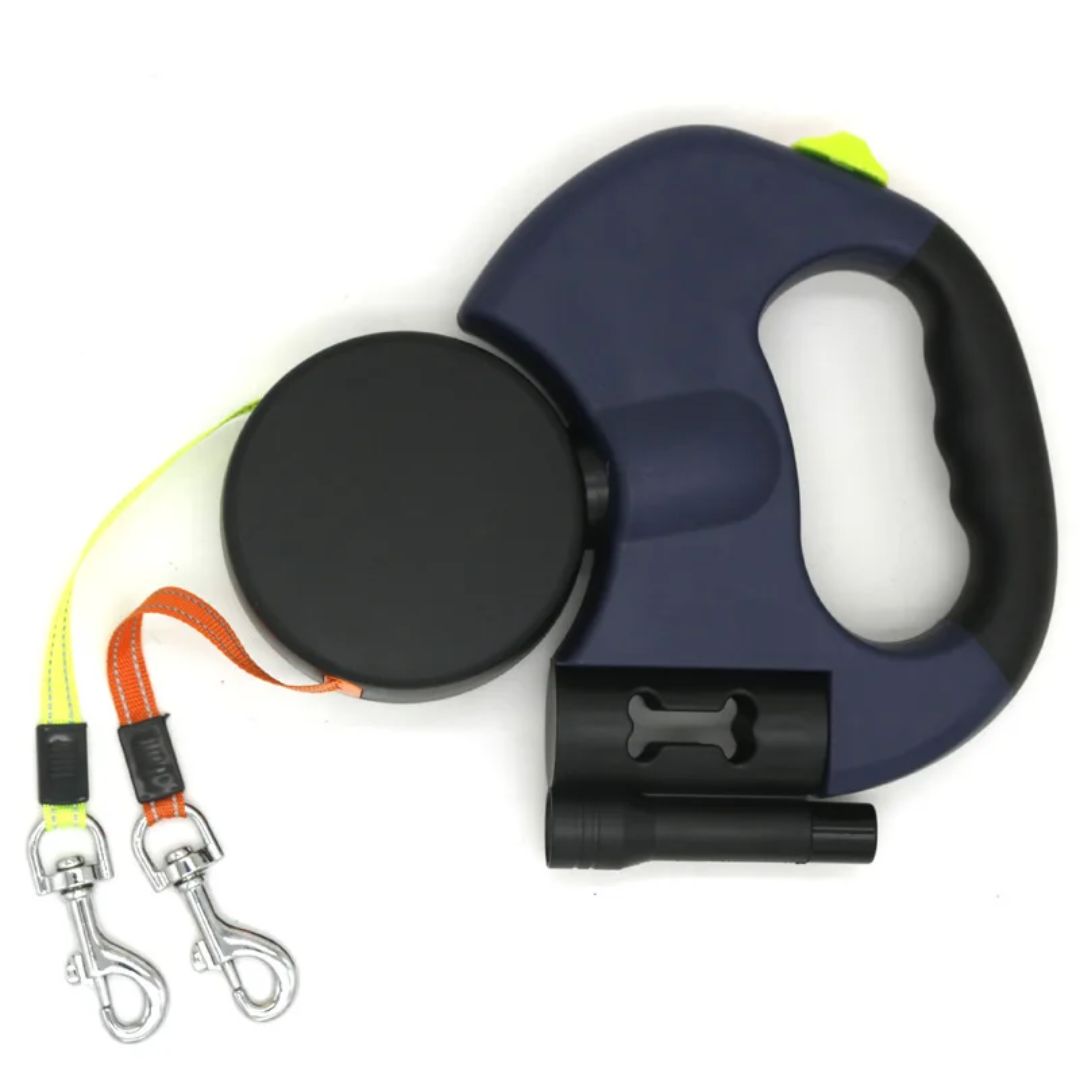 Laisse double rétractable pour chien | Avec lampe de poche et support pour sacs à déjections canines