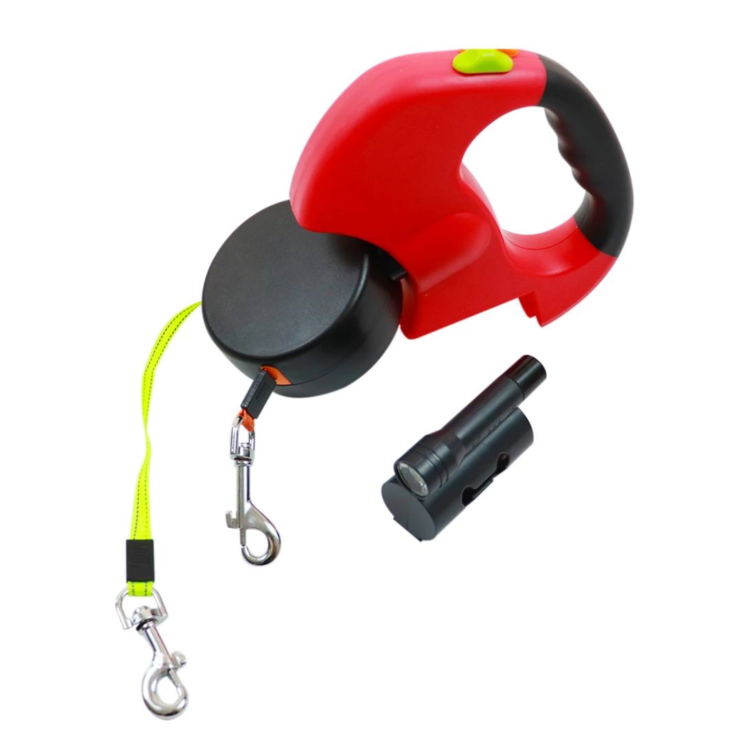 Laisse double rétractable pour chien | Avec lampe de poche et support pour sacs à déjections canines