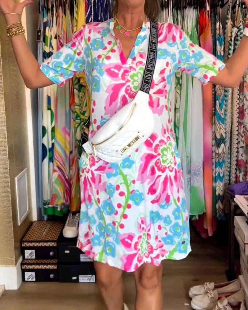 Dress with short sleeves and floral print. - Rosalie