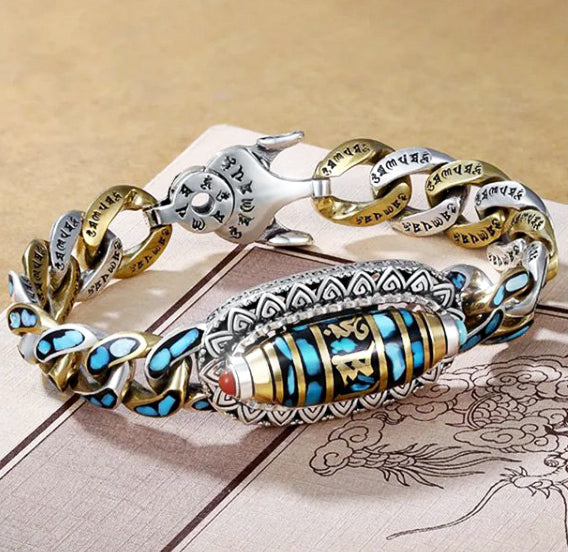 DziVana - Dzi Bracelet with Six Symbol Mantra in Turquoise