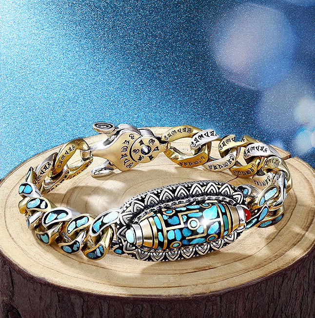 DziVana - Dzi Bracelet with Six Symbol Mantra in Turquoise